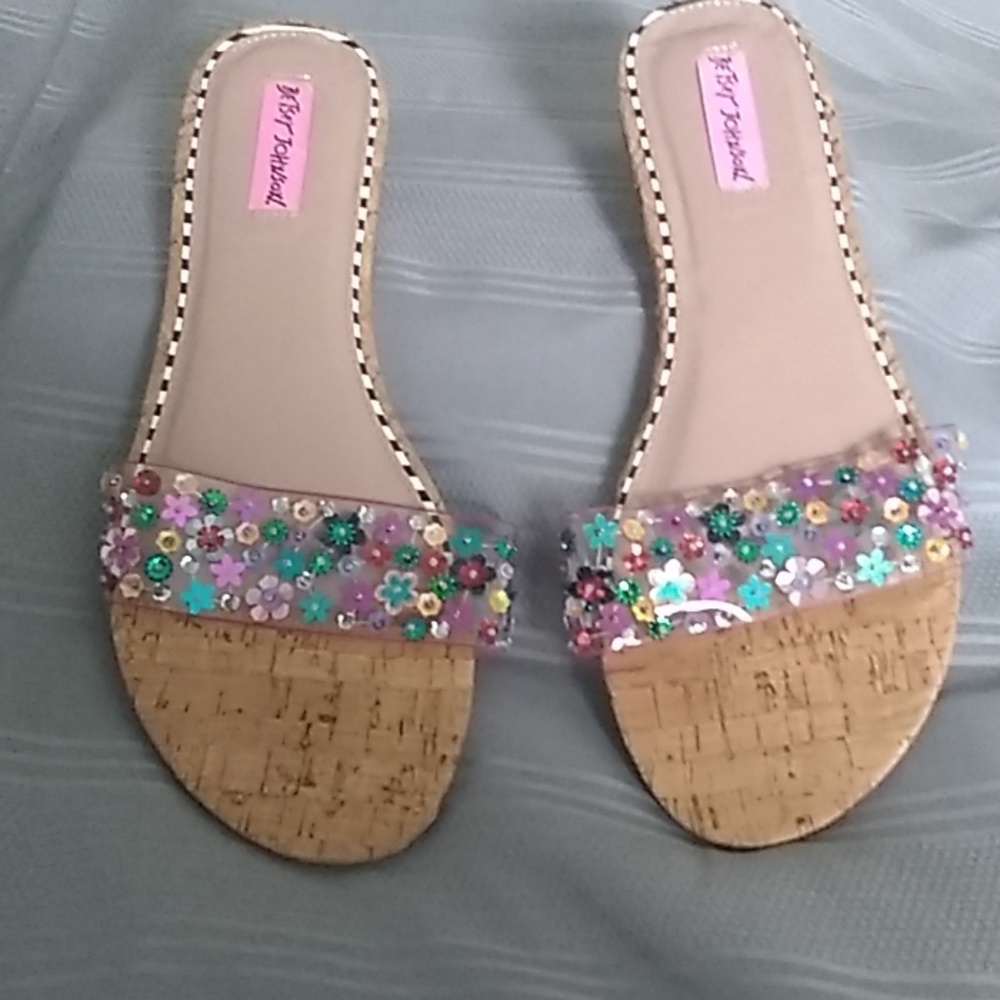 Betsey Johnson clear with flowers flip flops